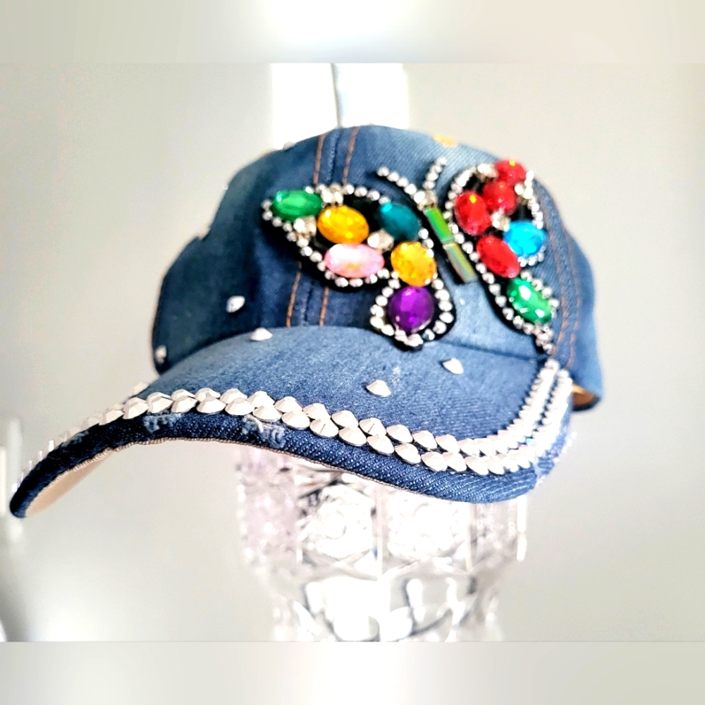 Denim Butterfly Rhinestone Baseball Hat, Adjustable